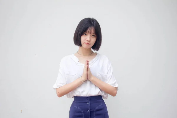 Asia Tailandesa Adolescente Blanco Camiseta Hermosa Chica Tailandesa Pagar Respeto — Foto de Stock