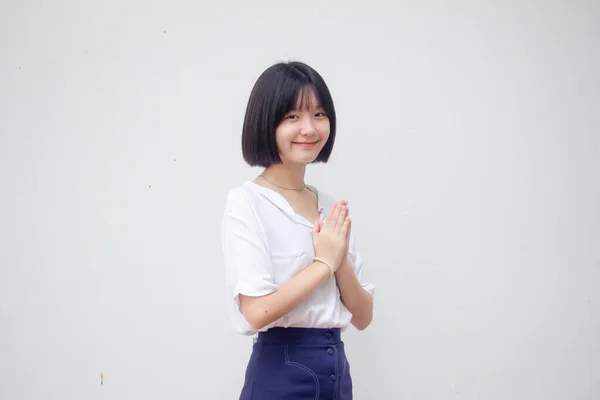 Asia Tailandesa Adolescente Blanco Camiseta Hermosa Chica Tailandesa Pagar Respeto —  Fotos de Stock