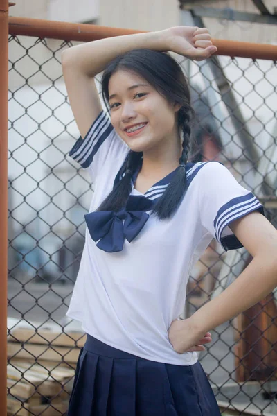Japans Tiener Mooi Meisje Student Uniform Gelukkig Ontspannen — Stockfoto
