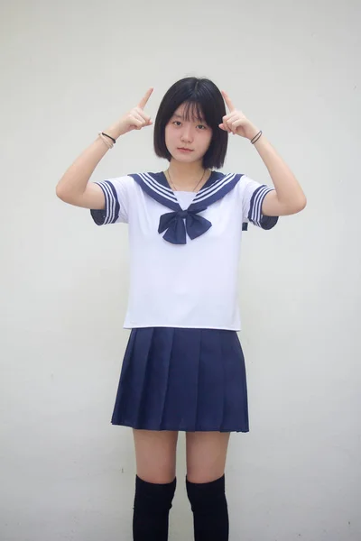Japonés Adolescente Hermosa Chica Estudiante Apuntando — Foto de Stock