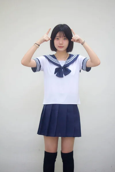 Japoński Nastolatek Piękne Dziewczyna Student Wskazując — Zdjęcie stockowe