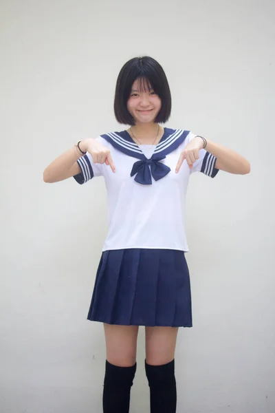 Japon Genç Güzel Kız Öğrenciyi Işaret Ediyor — Stok fotoğraf