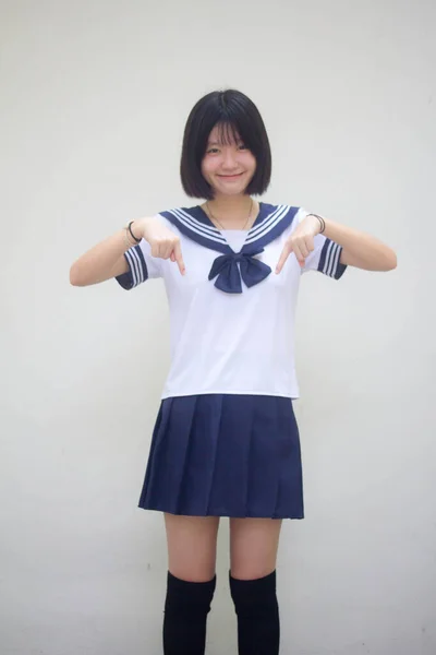 Japonés Adolescente Hermosa Chica Estudiante Apuntando — Foto de Stock
