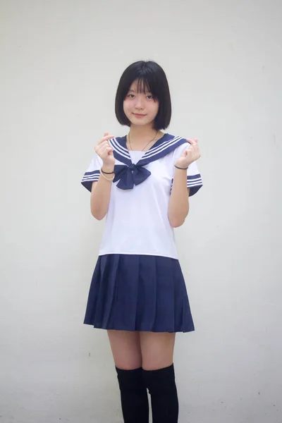 Japanese Teen Beautiful Girl Student Give Heart — Stock Photo, Image