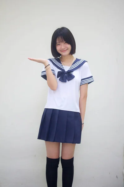 Ιαπωνική Έφηβος Όμορφο Κορίτσι Στο Μαθητή Δείχνουν Χέρι — Φωτογραφία Αρχείου