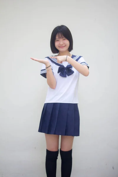Japonais Adolescent Belle Fille Dans Étudiant Montrer Main — Photo