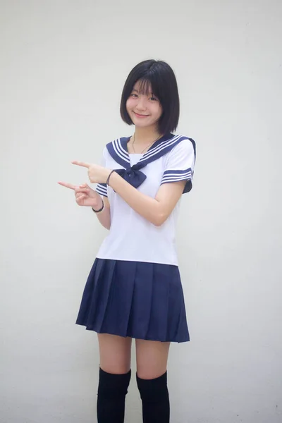 Japonês Teen Bela Menina Estudante Apontando — Fotografia de Stock