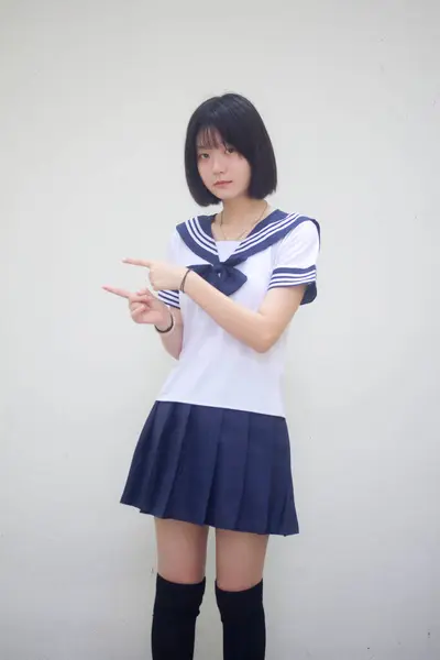 Japansk Tonåring Vacker Flicka Student Pekar — Stockfoto