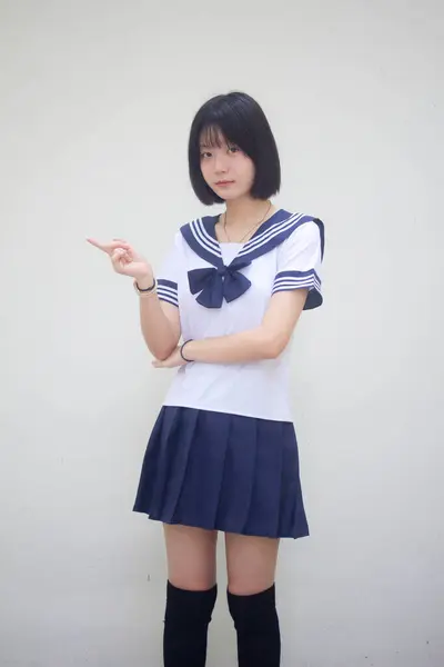 Japansk Tonåring Vacker Flicka Student Pekar — Stockfoto