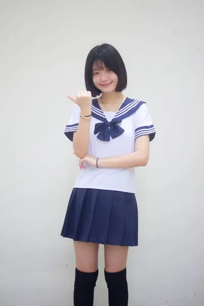 Японский Подросток Красивая Девушка Студент Указывая — стоковое фото