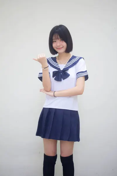Japonés Adolescente Hermosa Chica Estudiante Apuntando —  Fotos de Stock
