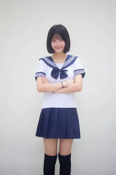 Ιαπωνική Έφηβος Όμορφο Κορίτσι Στο Φοιτητικό Χαμόγελο Και Χαλαρώσετε — Φωτογραφία Αρχείου