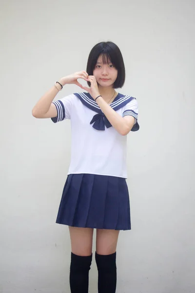 Japanese Teen Beautiful Girl Student Give Heart — Stock Photo, Image