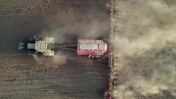 Top Aerial View Agricultural Tractor Special Trailed Equipment Works Land — Stockvideo