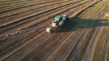 Agriculture tractor making hay bales works on the field. Aerial view of baling, baler, hay collection. High quality 4k footage