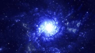Flight to a spiral luminous blue galaxy through clusters of stars. Cosmic fantasy, a journey through the Milky Way. Colorful fractal nebula. High quality 4k footage