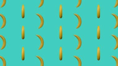 Looped repeating animated background with rotating bananas with Luma Matte. Seamless minimal motion design, spinning bananas pattern. Motion graphics, cyan background. 4k footage