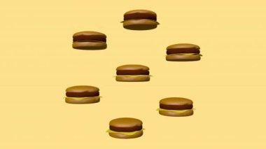 Abstract motion background. Spinning hamburgers seamless animation pattern. Looped repeating animated background with rotating burgers. Motion graphics, peach background. High quality 4k footage