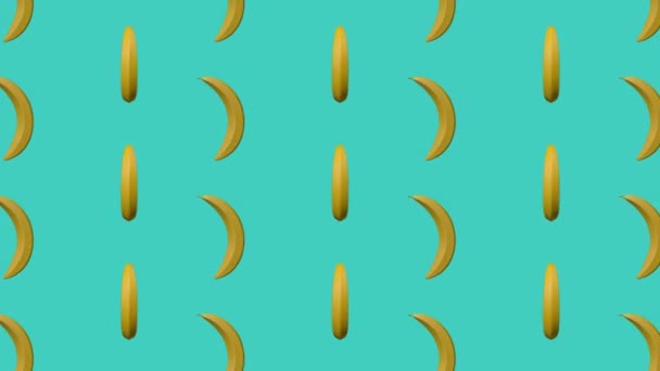 マッテとバナナを回転させ アニメーションの背景を繰り返しループさせた シームレス最小限の動きのデザイン バナナのパターンを回転 モーショングラフィックス シアンの背景 4K映像 — ストック動画