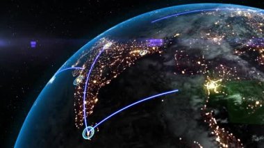 Birbirine bağlı çizgilerle Dünya 'nın etrafında dönüyor. Dünyayı kapsayan küresel bir ağ kavramı. Global Veri Sistemi. Dünya çapında bağlantı, web teknolojileri