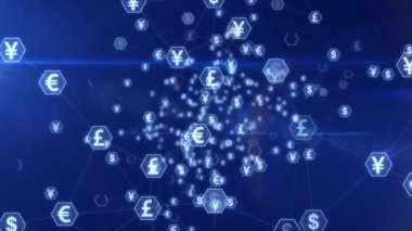 Dünya para birimlerinin 3 boyutlu uzayda sembollerinin animasyonu. Küresel ekonomi ve iş teknolojisi kavramı. Mavi arka planda USD, EUR, GBP, JPY simgeleri. Değişim, piyasa, iş, finans kavramı. 4k 
