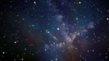 Evrendeki galaksilerin ve yıldızların sonsuzluğu. Uçsuz bucaksız uzayda takımyıldızların içinden kusursuz bir tekrarlanan animasyon uçuşu. Bilimsel tema için arka plan. Yüksek kalite 4k