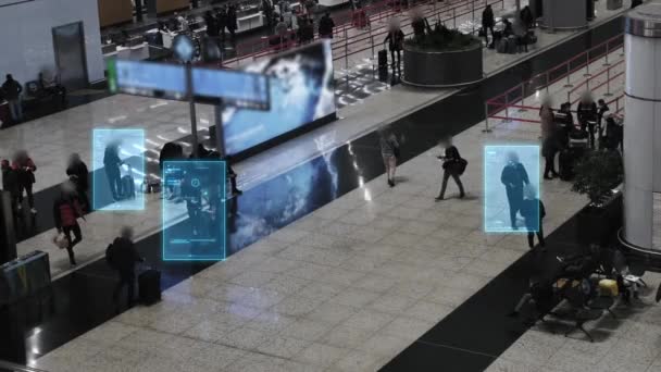 Технология Распознавания Лиц Сканирует Обнаруживает Лица Людей Идентификации Переполненных Местах — стоковое видео