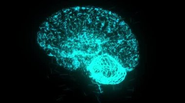 İnsan beyninin bağlı çizgiler şeklinde parlayan geleceksel çokgen digramı. Siyah arka planda yapay zeka kavramı. Kablo-çerçeve hareketli kusursuz animasyon. 4k görüntü