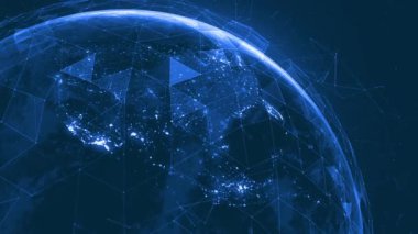 Dünya haritası, küresel sosyal ağ. Dünya gezegeninin mavi fütüristik geçmişi. İnternet ve teknoloji. Fütürist pleksus geometrik arkaplan. Küresel dünya ağı ve telekomünikasyon. 4k görüntü