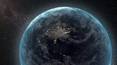 Gezegenin Dünya yörüngesinden tekrarlanan dönüşü. Gezegenin eksen etrafında dairesel dönüşünü tamamla. Şehir ışıklarıyla geceleyin uzaydan gerçekçi bir görüntü, bir dakikalık görüntüler..