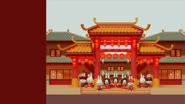 Kinesiska Nyår Kanin Kopiera Utrymme Med Render Illustration — Stockfoto