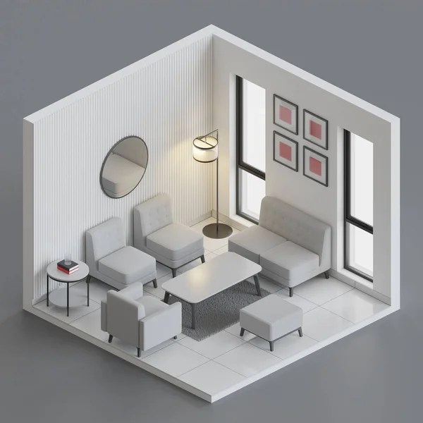 Isometric Living Room 3D Render Illustration. Showing a group of sofa, with a standing lamp, side table, and books, in a room with glass window, and ceramic tile floor, and painted wall.
