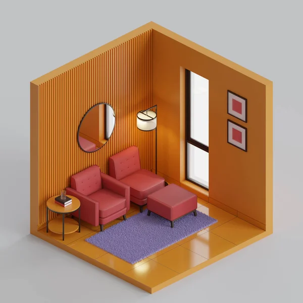 Isometric Seating Corner 3D Render Illustration. Showing two single sofa, with a standing lamp, side table, and books, in a room with glass window, and ceramic tile floor, and painted wall.