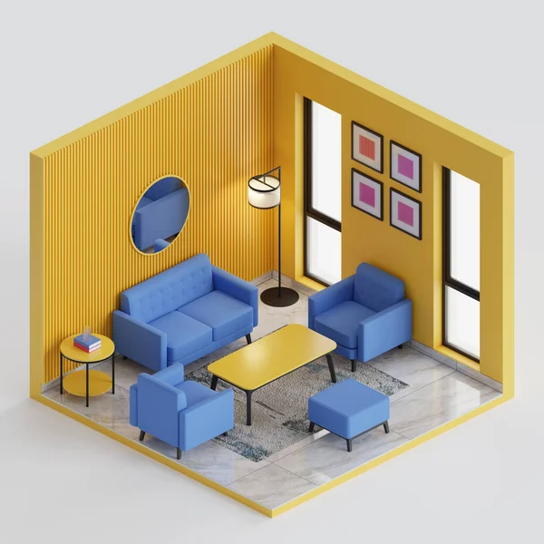 Isometric Living Room 3D Render Illustration. Showing a group of sofa, with a standing lamp, side table, and books, in a room with glass window, and ceramic tile floor, and painted wall.