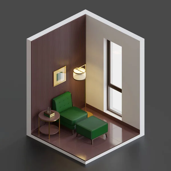 Isometric Reading Corner 3D Render Illustration. Showing a single sofa, with a standing lamp, side table, and books, in a room with glass window, and ceramic tile floor, and painted wall.