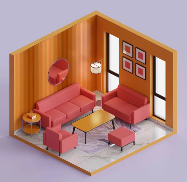 等距客厅3D渲染说明 在有玻璃窗的房间里 摆放着一组沙发 上面有一盏灯 侧桌和书本 还有瓷砖地板和漆成的墙壁 — 图库照片