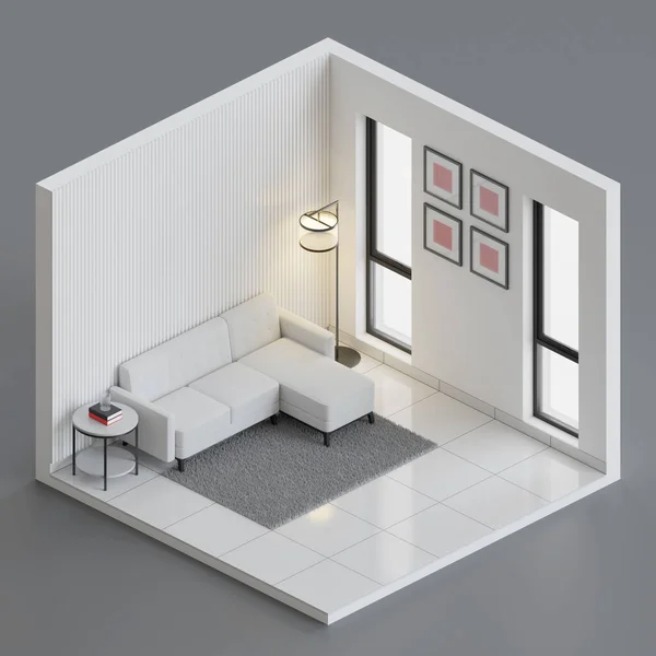 Isometric Living Room 3D Render Illustration. Showing a L shape sofa, with a standing lamp, side table, and books, in a room with glass window, and ceramic tile floor, and painted wall.