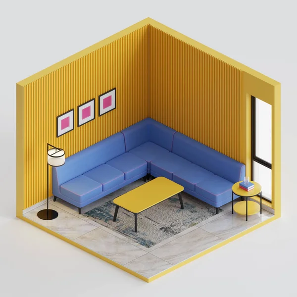 Isometric Obývací Pokoj Render Ilustrace Zobrazuje Pohovku Tvaru Stojací Lampou — Stock fotografie