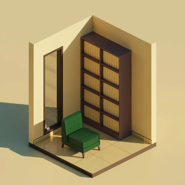 Isometric Private Library Render Illustration Showing Single Sofa Cabinet Full — Stock Photo, Image