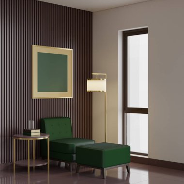 01-3D İç Görüntü Arka planı Bir Koltuk ve Bir Osmanlı Bir Odada