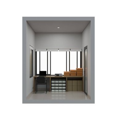 Küçük dükkan 3D çizim tasarımı ögesi. İzometrik projeksiyon görünümünde, perakende veya ticari tema için uygun pek çok ürün içeren küçük bir dükkan gösteriliyor