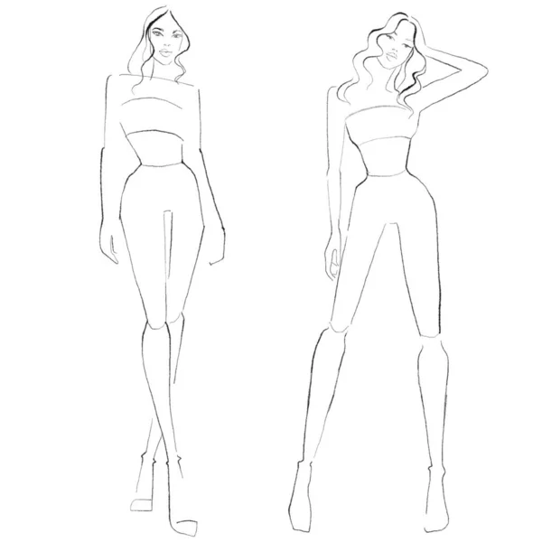 Modèles Mode Croquis Une Figure Femme Sur Fond Blanc — Photo