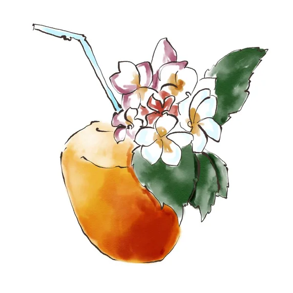 stock image Coconut cocktail. Digital watercolor illustration on the white background