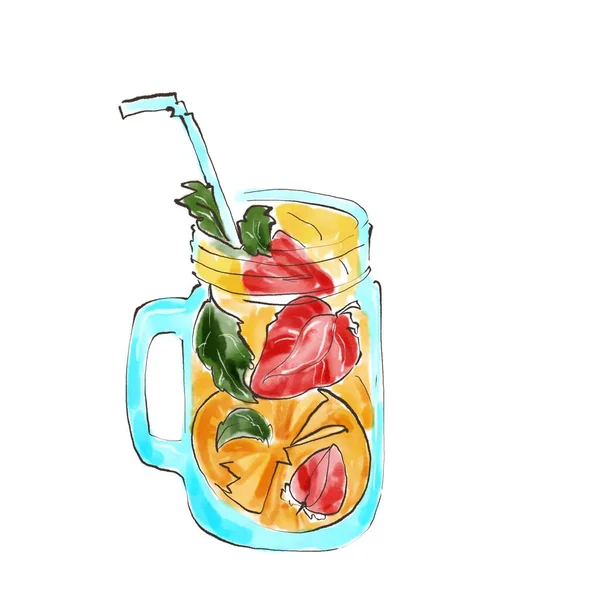 冰夏天柠檬水 用橙子 草莓和薄荷糖排毒水 白色背景上的数字水彩画 — 图库照片