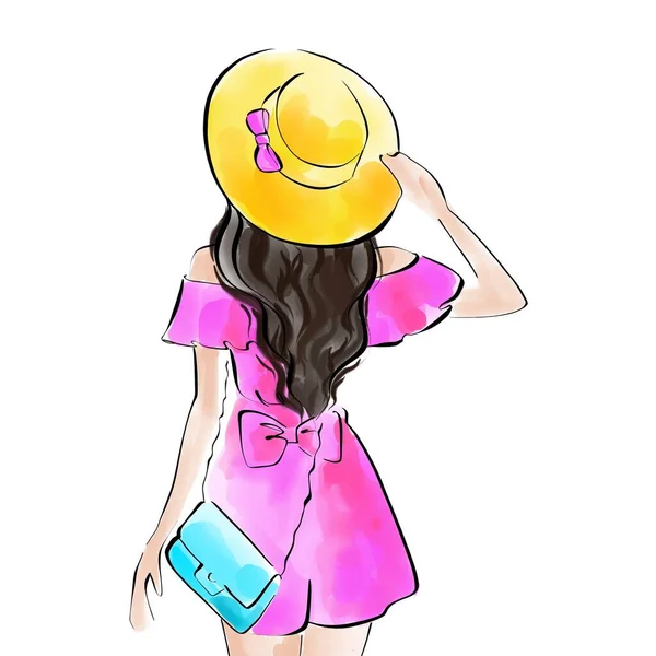 一个棕色头发头戴黄色夏帽身穿粉色衣服的女孩夏季示例 — 图库照片