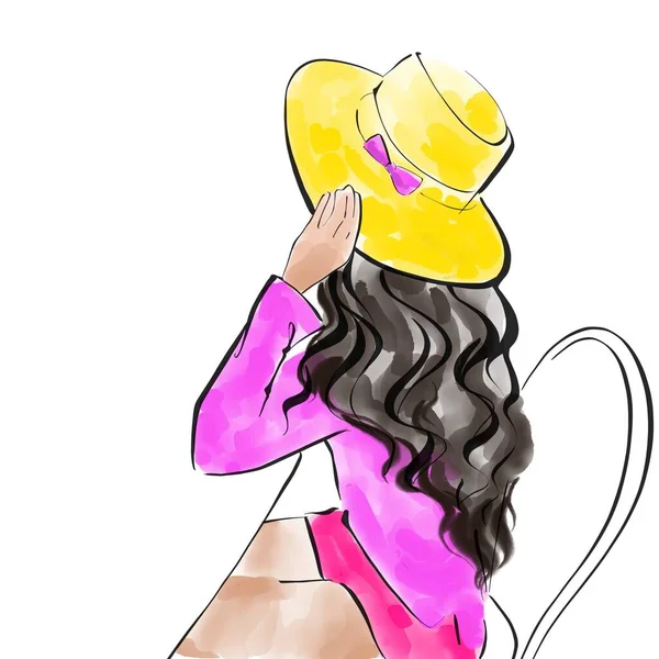 Una Chica Con Pelo Castaño Sombrero Amarillo Verano Traje Rosa — Foto de Stock