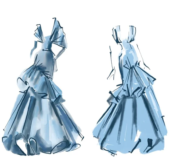 夜のドレスのスケッチ 白を基調としたファッションイラスト 印刷のためのアイデア — ストック写真