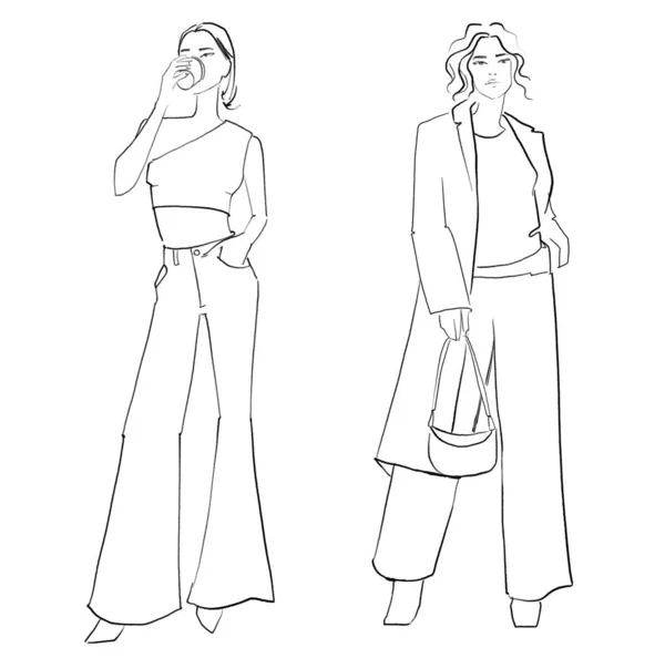 Donne Abiti Eleganti Schizzo Fashion Event Illustrazione Sfondo Bianco Croquis — Foto Stock