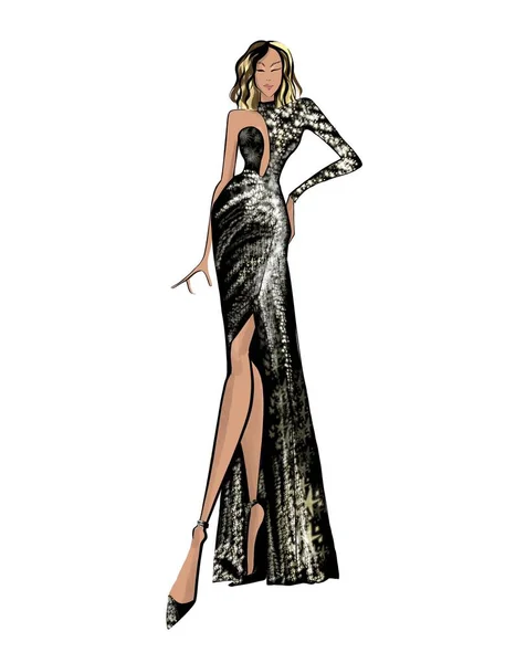 스파클 배경에 삽화를 이브닝 드레스를 여자가 — 스톡 사진
