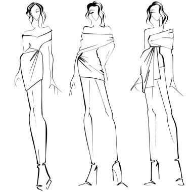Beyaz bir arka plan üzerinde eskiz tasviri Akşam giysili bir kadın, kolay bir moda illüstrasyonu.